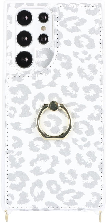 Lipvina for Samsung Galaxy S22 Ultra Case with Card Holder and Strap for Women,Crossbody Lanyard,RFID Blocking,Ring Stand,Snap Clasp,Cute Phone Wallet Cases 6.8 inch(White Leopard)