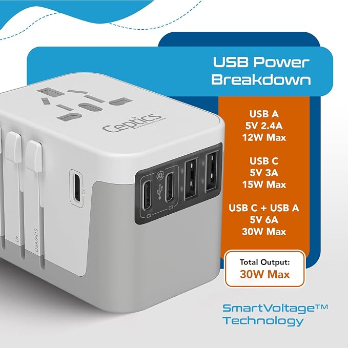 Ceptics 6 in 1 Universal Travel Adapter, Universal Outlet w/ 2X USB-A and 3X USB-C 6A, Travel Power Adapter for use in EU, UK, US, AU and More, Universal Plug for Mobiles, Laptops- UP-30KU-WH | 6 in 1 design, Type A, C, G & I Plugs, Universal Socket fo...
