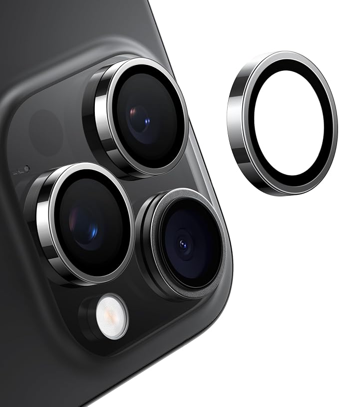 TORRAS 3-Year Ultimate Durability for iPhone 15 Pro Max/15 Pro Camera Lens Protector - 1:1 Invisible Fit & Ultra Clarity, Military-Grade 9H+ Aerospace Glass, Anti-Scratch, Easy Installation, Black Titanium