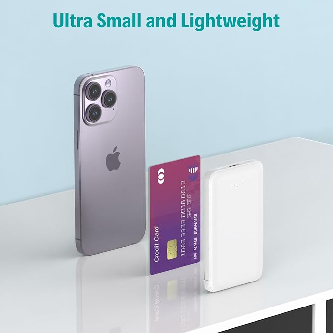 Sethruki Smallest Portable Charger with Built-in Cables 5000mAh,Ultra Slim Power Bank,Mini High Speed External Battery Packs,Lightweight USB C Phone Charger for iPhone Samsung Google Android (White)