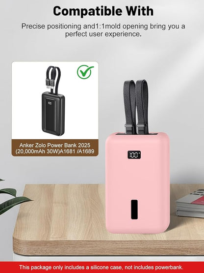 for Anker Zolo Power Bank 2025 20,000mAh 30W A1681/A1689,Silicone Protective Case, Shockproof Cover with LCD Display Visible, Anti-Lost Strap, Precision Cutouts for All-Port Charger(Pink)