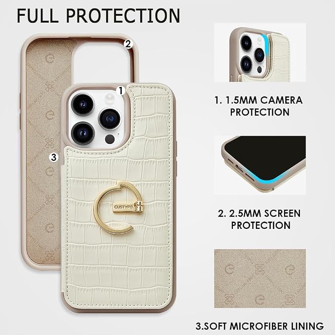 CUSTYPE for iPhone 14 Pro Phone Wallet Case with Card Holder,Ring Holder Kickstand Card Slots,Flip Leather Case Women and Men for iPhone 14 Pro 6.1"-Beige