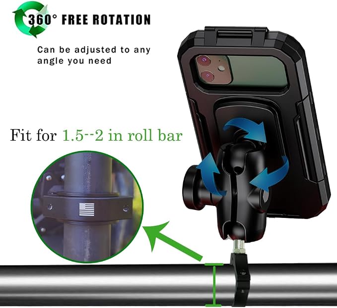 Hamdril UTV Phone Mount with Waterproof Protector, 360 Degree Adjustable Holder, Compatible with 1.5-2inch Roll Bar， SXS/Polaris RZR 900 1000 XP/Can-am for 4.0"-6.3" Cell Phone