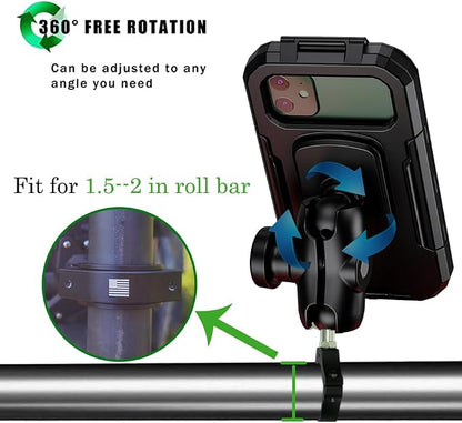 Hamdril UTV Phone Mount with Waterproof Protector, 360 Degree Adjustable Holder, Compatible with 1.5-2inch Roll Bar， SXS/Polaris RZR 900 1000 XP/Can-am for 4.0"-6.3" Cell Phone