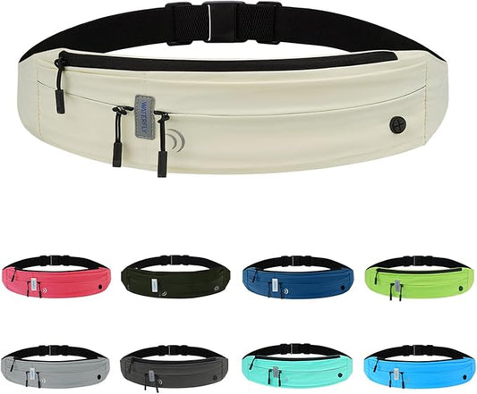 WATERFLY Running Belt Fanny Pack: Runner Marathon Jogging Waist Pack Sport Workout Exercise Fitness Phone Holder Belt for Men Women Jogger Slim Waistband Black