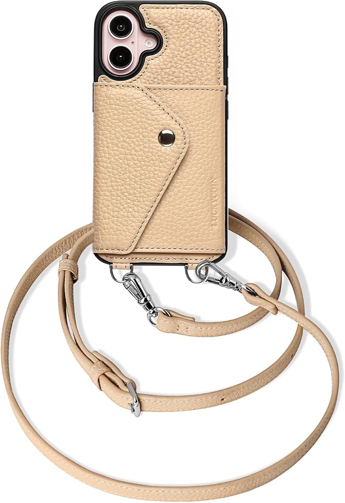 LUCKYCOIN for iPhone 16 Crossbody Wallet Case – Genuine Leather Phone Purse with Adjustable Strap and Card Holder,Lanyard Phone Purse Case for Women,Pebble Grain Beige