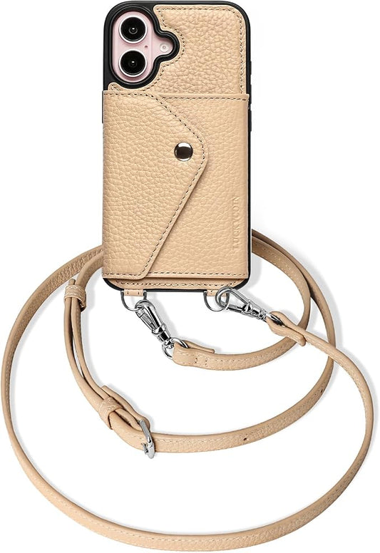 LUCKYCOIN for iPhone 16 Crossbody Wallet Case – Genuine Leather Phone Purse with Adjustable Strap and Card Holder,Lanyard Phone Purse Case for Women,Pebble Grain Beige