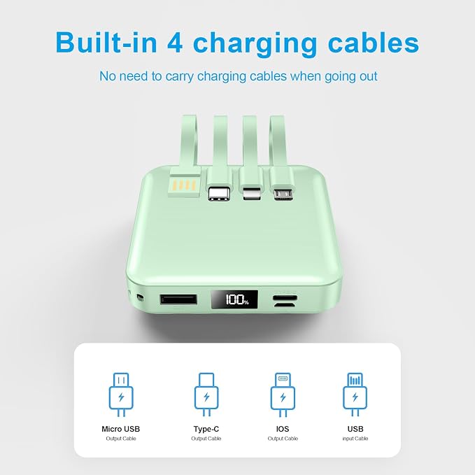 ummz Portable Charger with Built-in Cable,12000mAh 22.5W Fast Charging Small Power Bank,USB C Input/Output with Smart LED Display,External Battery Pack for iPhone,Tablet,Samsung