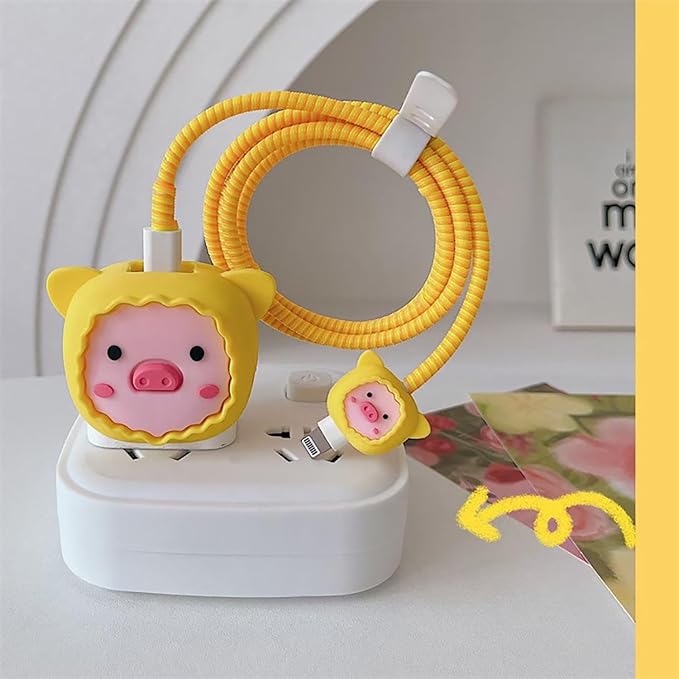 Compatible with Apple 20W/18W USB-C Adapter Charger, 3D Cartoon Protective Case for iPhone 20W USB-C Power Adapter Charger Fast Lightning Cover (Raincoat Pig)