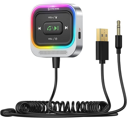 Syncwire Bluetooth 5.4 Receiver 3.5mm Aux Car Adapter Bluetooth Receiver Car Kit with Coiled Cable [Large Mic Noise Cancellation] [Hands-Free Calling] [HiFi Deep Bass] [Colorful Light Switch]