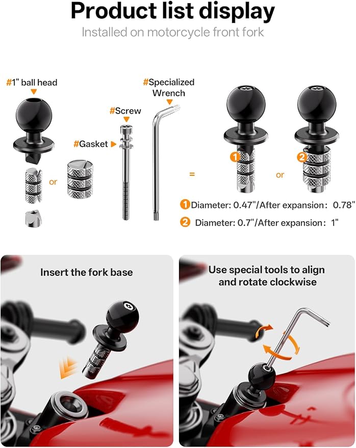 Kewig Motorcycle Phone Fork Stem Mount with Vibration Dampener [Anti-Theft] [Camera Friendly] Cellphone Cradle Fits Stem Tubes 12mm-25.4mm in Diameter for Motorcycle Adjustable Size Fit 5.4-7.2" Phone