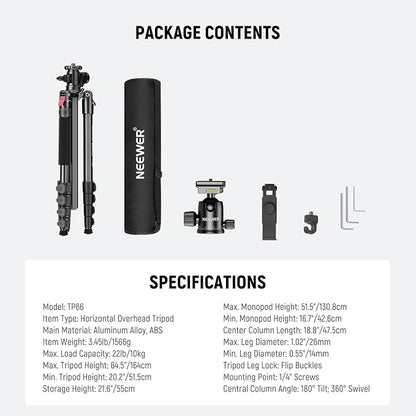 NEEWER Basics 64.5" Horizontal Overhead Tripod with Ball Head/Cell Phone Holder Compatible with iPhone Video Recording, Aluminum Travel Stand Camera Monopod, 360° Pan 180° Tilt 22lb/10kg Load, TP66