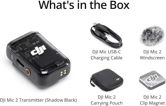 DJI Mic 2 Transmitter (Shadow Black), Wireless Microphone with Intelligent Noise Cancelling, 14-Hour Internal Recording, 6-Hour Battery, Magnetic Attachment, Bluetooth Microphone, YouTube, Vlogs