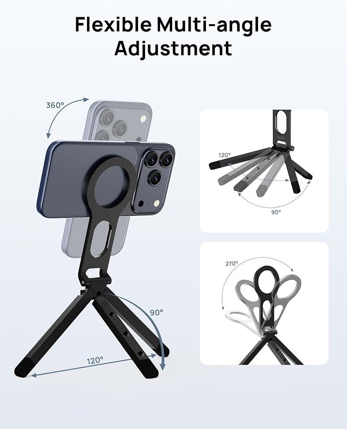 SODI Magnetic Phone Tripod Stand for iPhone - Strong Magnet Foldable Cell Phone Stand for Vlog, Gym, Travel Essentials, Mini Tripod Phone Stand Compatible with iPhone 17 16 15 14 13 12 Series (Black)