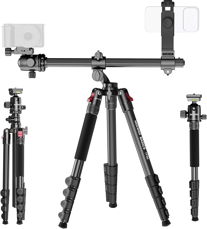 NEEWER Basics 64.5" Horizontal Overhead Tripod Monopod for Dual Camera Aluminum Travel DSLR Camcorder Stand with Cell Phone Holder Compatible with iPhone for Video Recording, 22lb/10kg Load, TP66