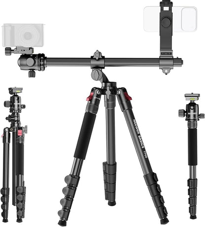 NEEWER Basics 64.5" Horizontal Overhead Tripod Monopod for Dual Camera Aluminum Travel DSLR Camcorder Stand with Cell Phone Holder Compatible with iPhone for Video Recording, 22lb/10kg Load, TP66