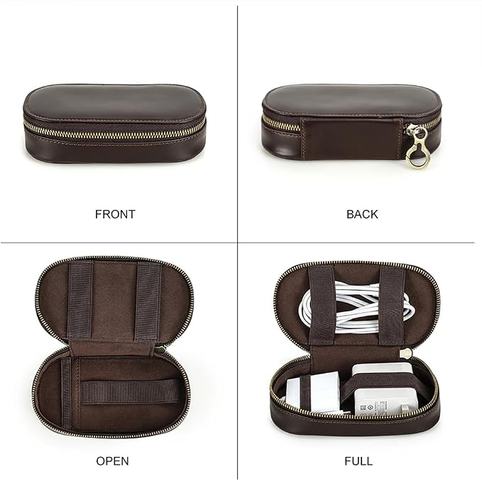 CONTACTS Full Grain Leather Electronics Organizer Small Cable Bag Handmade Tech Pouch Travel Organizer for Cable, Charger Cord