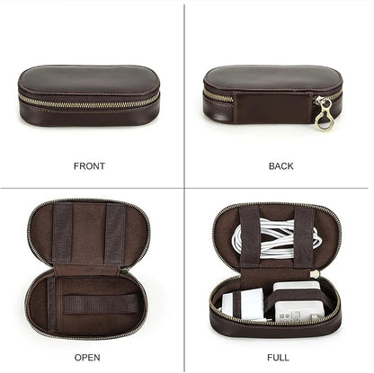 CONTACTS Full Grain Leather Electronics Organizer Small Cable Bag Handmade Tech Pouch Travel Organizer for Cable, Charger Cord