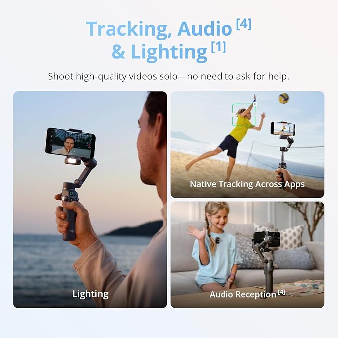 DJI Osmo Mobile 8 Gimbal Stabilizer for Phone, Native Tracking with Audio & Lighting, 360° Pan Rotation, Extension Rod & Tripod, Robust 3-Axis Stabilization + Wireless Mic Set + Charger + Wall Charger