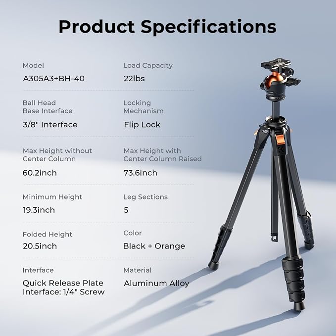 K&F CONCEPT 73" Aluminum Compact Camera Tripod, Portable Travel Tripod Compatible with iPhone, 22 lbs Capacity Arca Swiss Ball Head for DSLR Mirrorless Teleprompter Spotting Scope