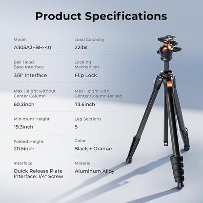 K&F CONCEPT 73" Aluminum Compact Camera Tripod, Portable Travel Tripod Compatible with iPhone, 22 lbs Capacity Arca Swiss Ball Head for DSLR Mirrorless Teleprompter Spotting Scope