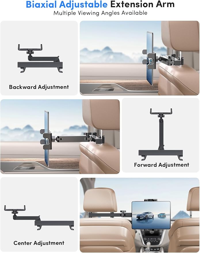 ELWEY iPad Holder for Car Backseat, Headrest Tablet Holder for Car Back Seat, [3 in 1 Extension Arm] Adjustable iPad Car Mount for Kids, for 4.7-13" Device Like iPad Pro, Air, Mini, Galaxy, Fire HD
