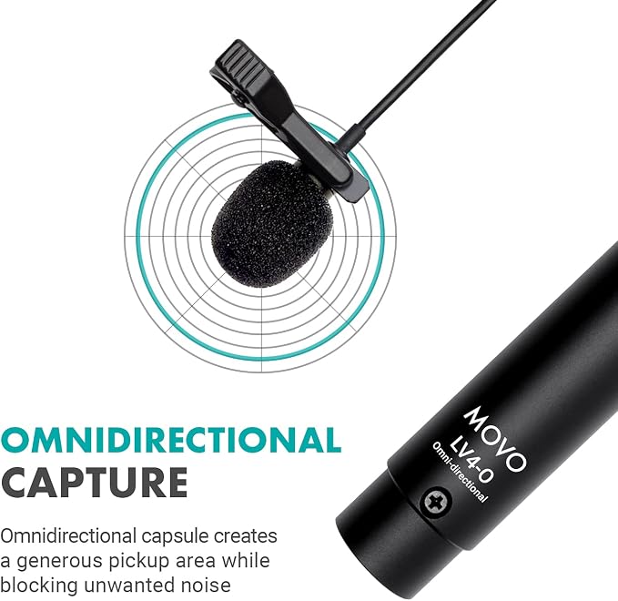 Movo LV4-O2 XLR Phantom Power Omnidirectional Lavalier Microphone Set, with Lapel Mic Clips and Windscreens - Perfect Lapel Microphone for Video Recording, Podcast, Interview, YouTube Production