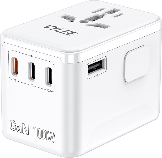 VYLEE PD100W GaN Universal Travel Adapter, International Power Adapter in One, 3 USB C & 1 USB A & AC Outlet, Travel Adapter Worldwide Plug Adapter with USA EU UK AUS Plugs (White)