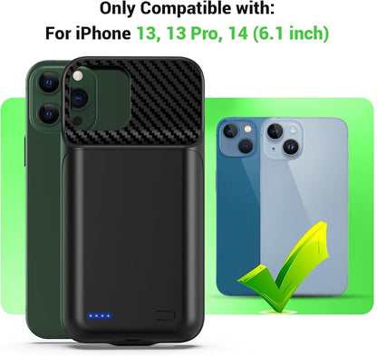 13800mAh High Capacity Battery Case for iPhone 14, for iPhone 13, 13 Pro (6.1 inch), 2026 Upgraded Battery Pack Rechargeable Charger External Charging Case w/Tempered Glass Screen Protector Black