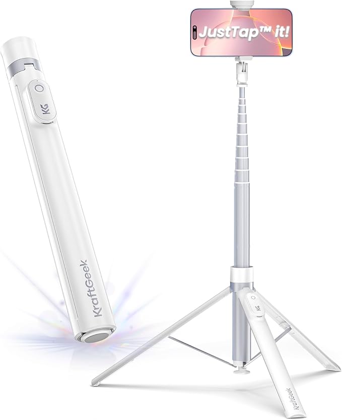 KraftGeek Tripod for iPhone, 66” JustTap Phone Tripod, Selfie Stick Cell Phone Stand for Recording Travel, Content Creator Essentials, White