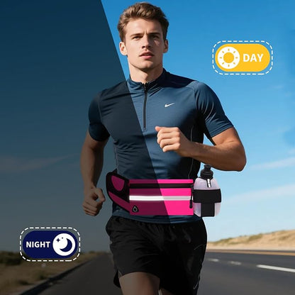 Running Belt with Water Bottle Holder, Plus Size Designer Waterproof Fanny Pack for Women Girls Kids iPhone Cell Phone Pouch, Waist Bag for Hiking,Runner,GYM,Workout,Sport Bum Hip Bags Pink