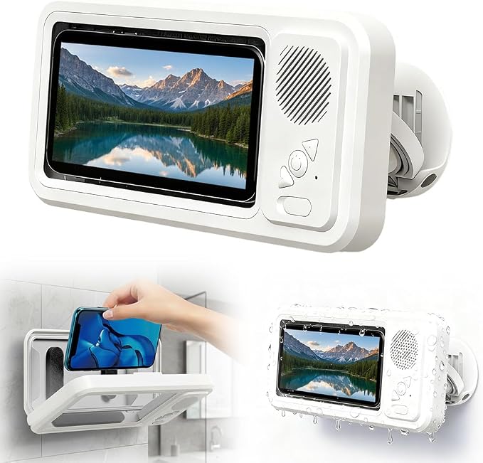 Shower Phone Holder with Wireless Bluetooth Speaker, 2026 Upgraded Waterproof/Fog-Resistant for Any Phone, Shower Phone Holder Waterproof Wall Mounted PhoneHolder for Bathroom Mirror (1, White)