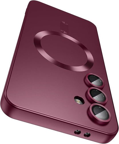 Magnetic for Samsung Galaxy S25 FE Case [Compatible with MagSafe][Built-in Camera Lens Protector] Slim Soft Silicone Bumper Shockproof Metallic Luster Phone Case, Burgundy