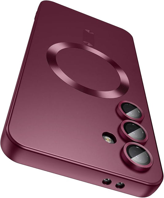 Magnetic for Samsung Galaxy S24 Plus Case [Compatible with MagSafe][Built-in Camera Lens Protector] Slim Soft Silicone Bumper Shockproof Metallic Luster Phone Case (Burgundy)