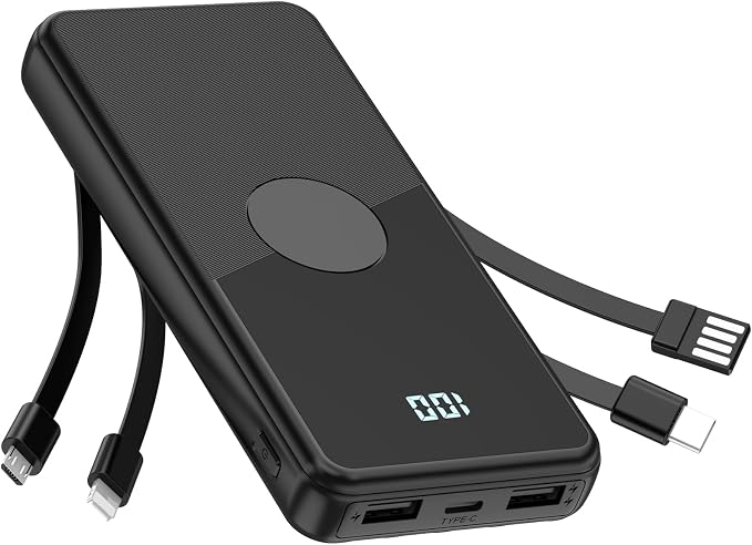 Portable Charger with Built in Cables,High Speed Power Bank 10000mAh Travel Battery Pack 5 Outputs 3 Inputs Portable Phone Charger Backup Battery for iPhone, Samsung, iPad,Tablets (Black)