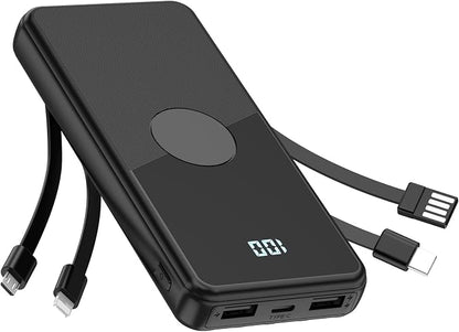 Portable Charger with Built in Cables,High Speed Power Bank 10000mAh Travel Battery Pack 5 Outputs 3 Inputs Portable Phone Charger Backup Battery for iPhone, Samsung, iPad,Tablets (Black)