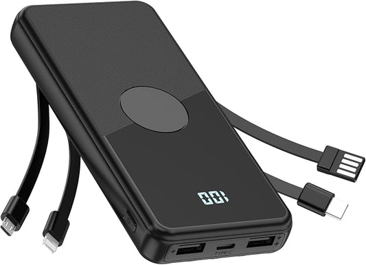 Portable Charger with Built in Cables,High Speed Power Bank 10000mAh Travel Battery Pack 5 Outputs 3 Inputs Portable Phone Charger Backup Battery for iPhone, Samsung, iPad,Tablets (Black)