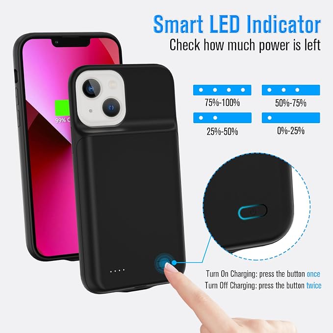 Gladgogo Charging Case for iPhone 13, Real 6000mAh Powerful Smart Battery Case Charger Ultra Slim Portable External Battery Pack Compatible with 13, 6.1 inch, Black