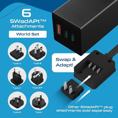 Ceptics 65W World Travel Adapter 3 USB Ports PD 3.0 Ultra Compact Charger 2 US Outlets [GaN Tech], Quick Type C, Charge Laptops, Cellphones in Europe, Asia, Africa, America and More