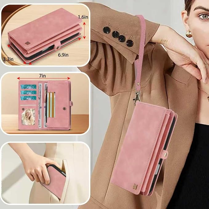 for Wallet Case Compatible with iPhone 16 Pro Max,Multi-Function Detachable 2 in 1 Magnetic iPhone 16 Pro Max Case Wallet,Flip Strap Zipper Card Holder Phone Case with Shoulder Straps (Pink)