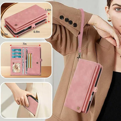 for Wallet Case Compatible with iPhone 16 Pro Max,Multi-Function Detachable 2 in 1 Magnetic iPhone 16 Pro Max Case Wallet,Flip Strap Zipper Card Holder Phone Case with Shoulder Straps (Pink)