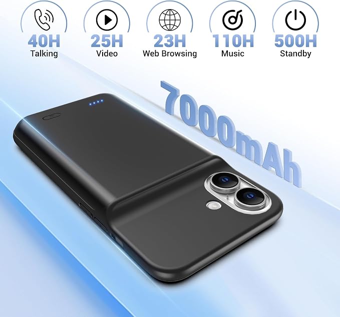 Battery Case for iPhone 16, Ultra-Slim 7000mAh Portable Extended Charging Charger Case [2026 Upgraded] w/Tempered Glass Film for iPhone 16 (6.1inch), Black