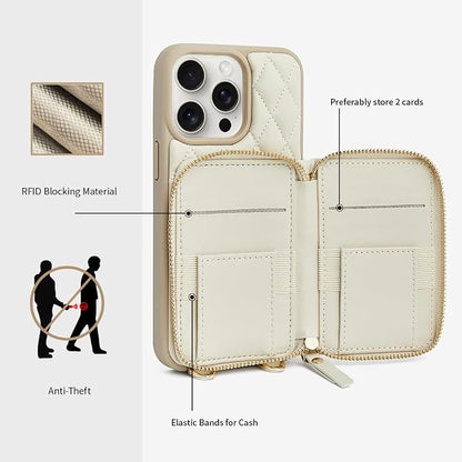 LAMEEKU Compatible with iPhone 14 Pro Wallet Case, Quilted Leather Card Holder with Crossbody Chain, RFID Shockproof, 6.1 Inch - Beige