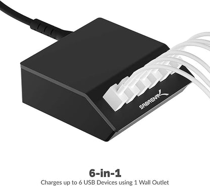 Premium 60 Watt (12 Amp) 6 Port Aluminum Family Sized Desktop USB Rapid Charger.+[3-Pack 22AWG Premium High Speed 3ft USB-C to USB A 3.2 Charge Cables Fast Sync