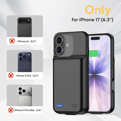 Battery Case for iPhone 17(6.3 inch), 7000mAh Ultra-Slim Protective Extended Charging Charger Case, 15W Fast Charging Rechargeable Battery Pack with Tempered Glass Screen Protector- Black