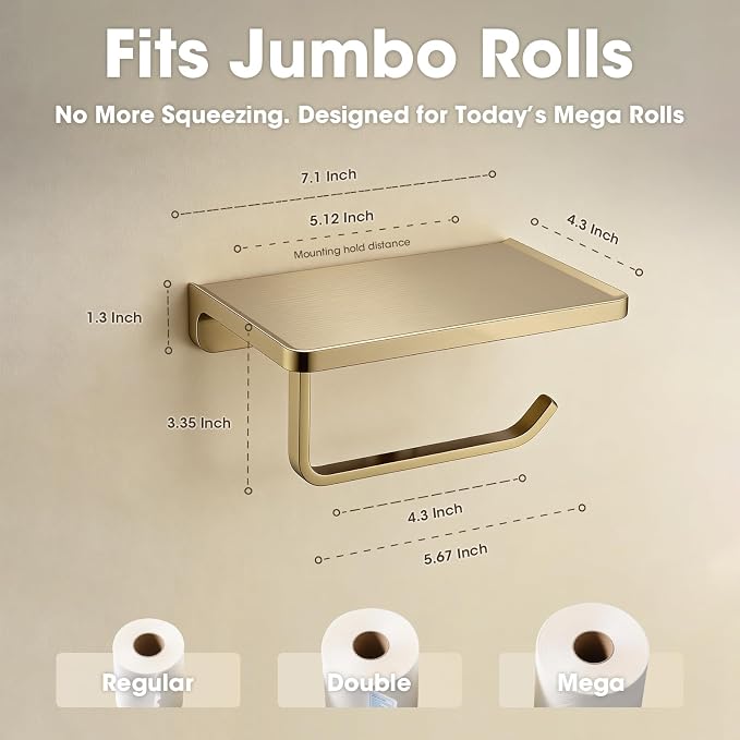 TRUSTMI Toilet Paper Holder with Phone Shelf, Bathroom Accessories Tissue Roll Dispenser Storage Wall Mounted, Brushed Gold
