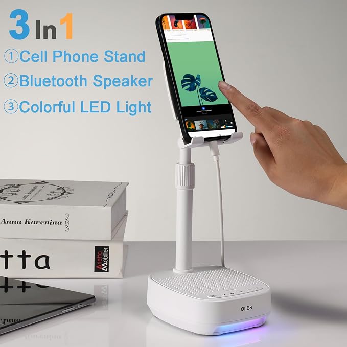 OLES Gifts for Men Women, Adjustable Cell Phone Stand with Wireless Bluetooth Speaker(7-11''Height), Unique Birthday Gifts for Dad Mom Him, Phone Holder Led Color Light for iPhone/Android/Tablets