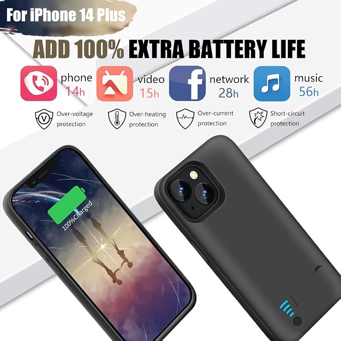 Battery Case for iPhone 14 Plus, 6000mAh Rechargeable Extended Battery Charging Charger Case, Add 100% Extra Juice (6.7 Inches) Black