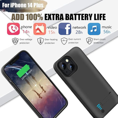 Battery Case for iPhone 14 Plus, 6000mAh Rechargeable Extended Battery Charging Charger Case, Add 100% Extra Juice (6.7 Inches) Black