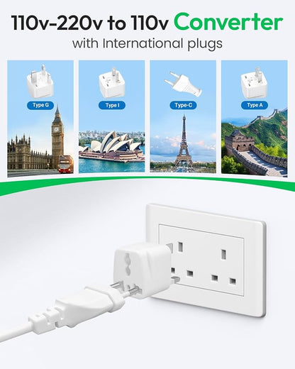 220V to 110V Travel Converter, Voltage Converter US to Europe, Power Converter with 3 AC Sockets and 4 USB-A Ports, Universal Plug Adapter for EU Italy Spain Germany UK France Australia Japan